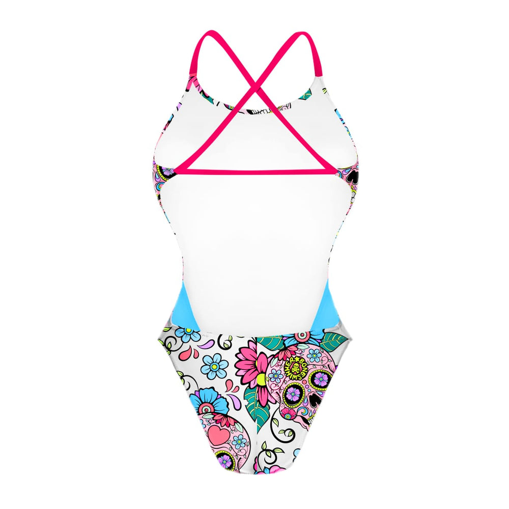 Retro del costume Boneswimmer intero da donna per il tempo libero in piscina, modello ALTE L025AF SKULL MEXICAN con teschi ed elementi messicani su fondo bianco