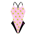 Fronte del costume Boneswimmer intero da donna per il tempo libero in piscina, modello ALTE L026AF PAPEROTTE con paperelle giallo fluo su fondo rosa chiaro