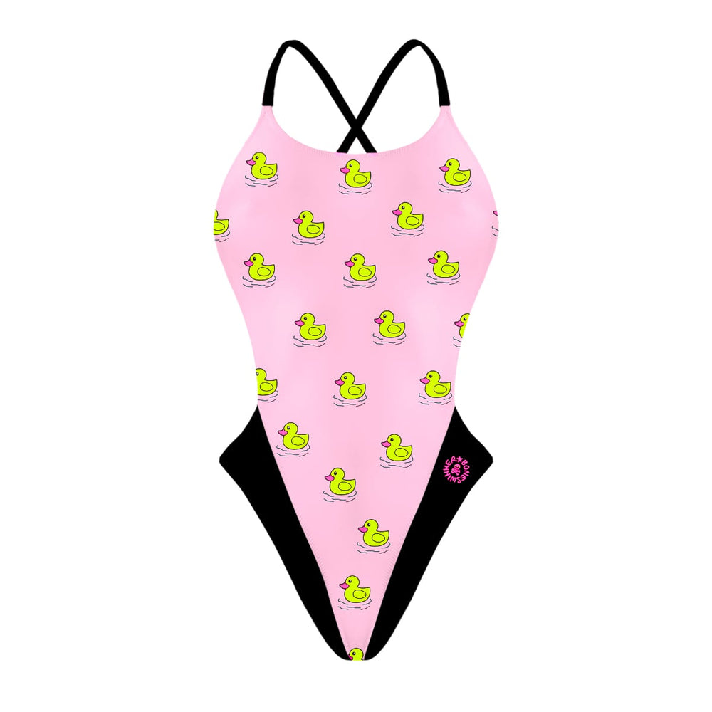 Fronte del costume Boneswimmer intero da donna per il tempo libero in piscina, modello ALTE L026AF PAPEROTTE con paperelle giallo fluo su fondo rosa chiaro