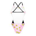 Retro del costume Boneswimmer intero da donna per il tempo libero in piscina, modello ALTE L026AF PAPEROTTE con paperelle giallo fluo su fondo rosa chiaro