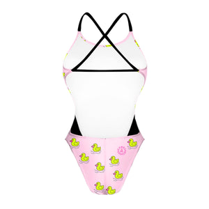 Retro del costume Boneswimmer intero da donna per il tempo libero in piscina, modello ALTE L026AF PAPEROTTE con paperelle giallo fluo su fondo rosa chiaro