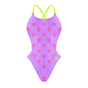 Fronte del costume Boneswimmer intero da donna per il tempo libero in piscina, modello ALTE L028AF LILLA STELLE ROSSO FLUO con stelle rosse su un fondo lilla