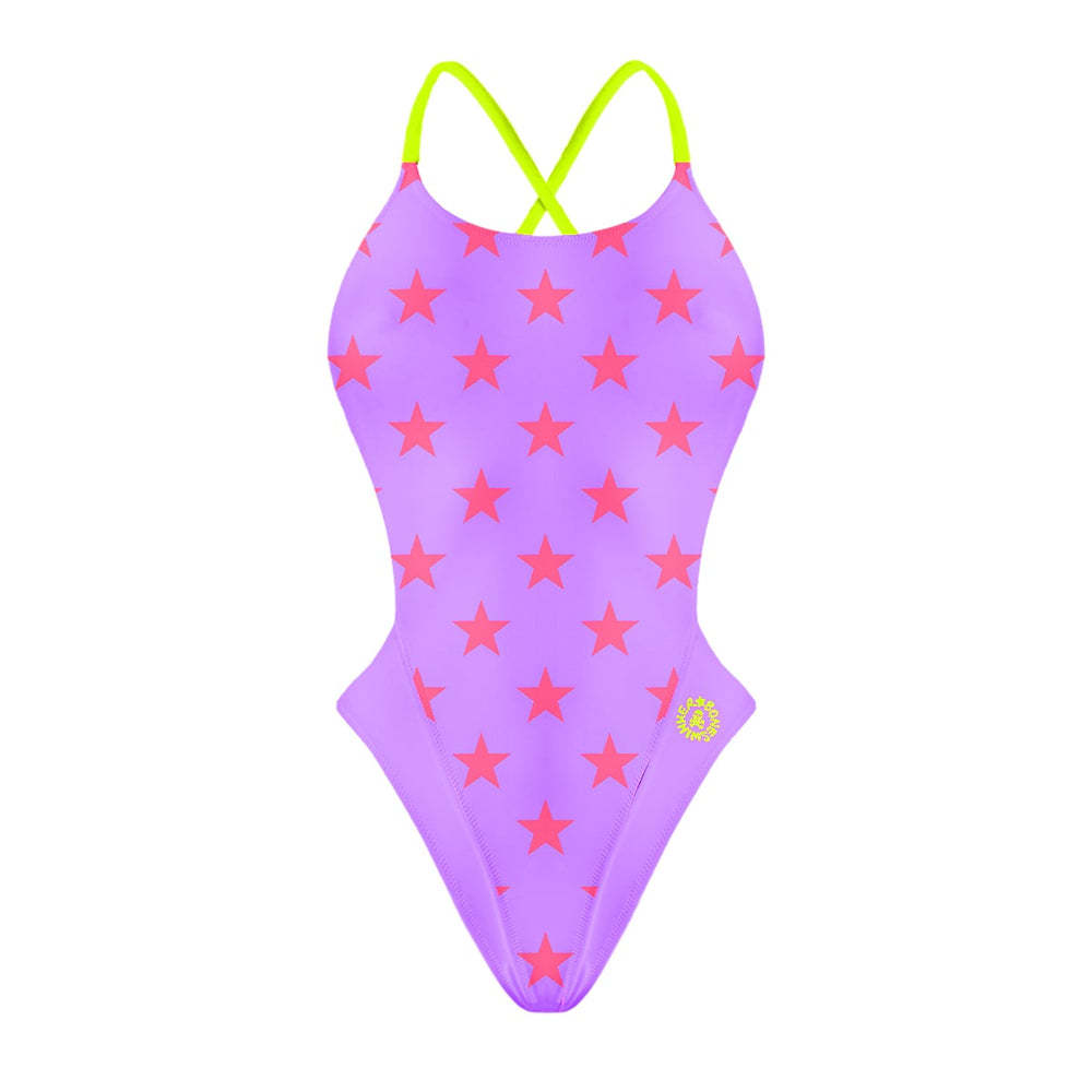 Fronte del costume Boneswimmer intero da donna per il tempo libero in piscina, modello ALTE L028AF LILLA STELLE ROSSO FLUO con stelle rosse su un fondo lilla