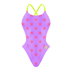 Fronte del costume Boneswimmer intero da donna per il tempo libero in piscina, modello ALTE L028AF LILLA STELLE ROSSO FLUO con stelle rosse su un fondo lilla