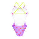 Retro del costume Boneswimmer intero da donna per il tempo libero in piscina, modello ALTE L028AF LILLA STELLE ROSSO FLUO con stelle rosse su un fondo lilla