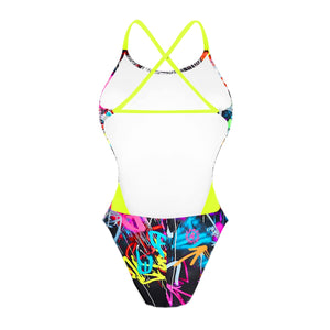 Retro del costume Boneswimmer intero da donna per il tempo libero in piscina, modello ALTE L029AF PSYCO con un orsetto disegnato a tratto ed elementi di street art