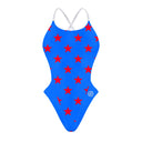 Fronte del costume Boneswimmer intero da donna per il tempo libero in piscina, modello ALTE L033A STARS con grafica a stelle rosse su blu