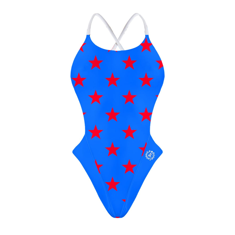 Fronte del costume Boneswimmer intero da donna per il tempo libero in piscina, modello ALTE L033A STARS con grafica a stelle rosse su blu