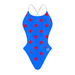 Fronte del costume Boneswimmer intero da donna per il tempo libero in piscina, modello ALTE L033A STARS con grafica a stelle rosse su blu