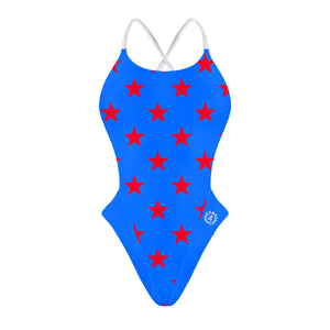 Fronte del costume Boneswimmer intero da donna per il tempo libero in piscina, modello ALTE L033A STARS con grafica a stelle rosse su blu