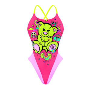 Fronte del costume Boneswimmer intero da donna per il tempo libero in piscina, modello ALTE L030AF DEDA con un orsetto arrabbiato ed elementi pop fluo