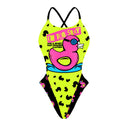 Fronte del costume Boneswimmer intero da donna per il tempo libero in piscina, modello ALTE L031AF DUXY con una papera rosa su fondo giallo fluo  