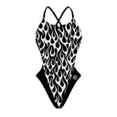 Fronte del costume Boneswimmer intero da donna per il tempo libero in piscina, modello ALTE L032A FIAMMA BIANCA con pattern di fiamme bianche su fondo nero 