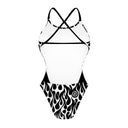 Retro del costume Boneswimmer intero da donna per il tempo libero in piscina, modello ALTE L032A FIAMMA BIANCA con pattern di fiamme bianche su fondo nero 