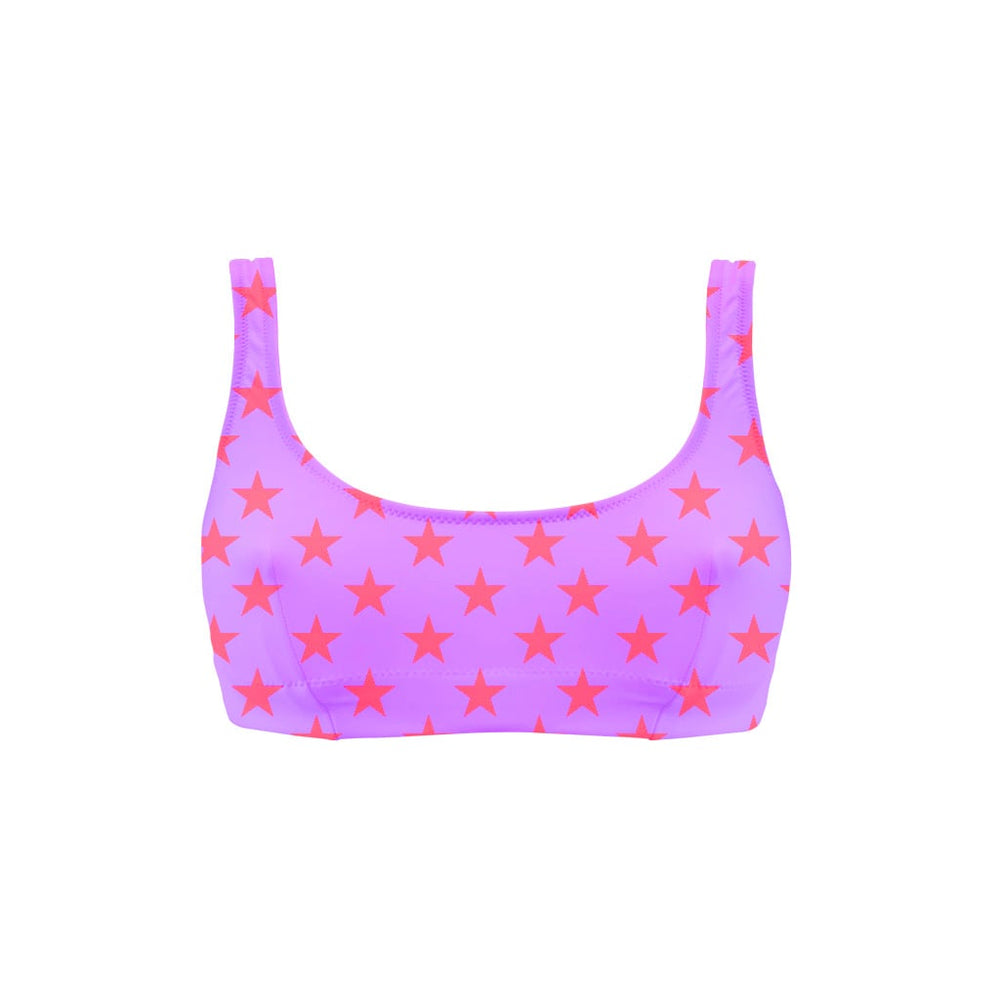 Costume da mare top bikini Boneswimmer Hawaii Lilla Stelle Rosso FL - modello L020HAF, stampa con stelle rosso fluo su fondo lilla, fronte