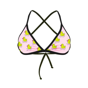 Costume da mare top bikini Boneswimmer Tahiti Paperotte + Nero - L022TAF, con papere gialle fluo su sfondo rosa e bordo nero