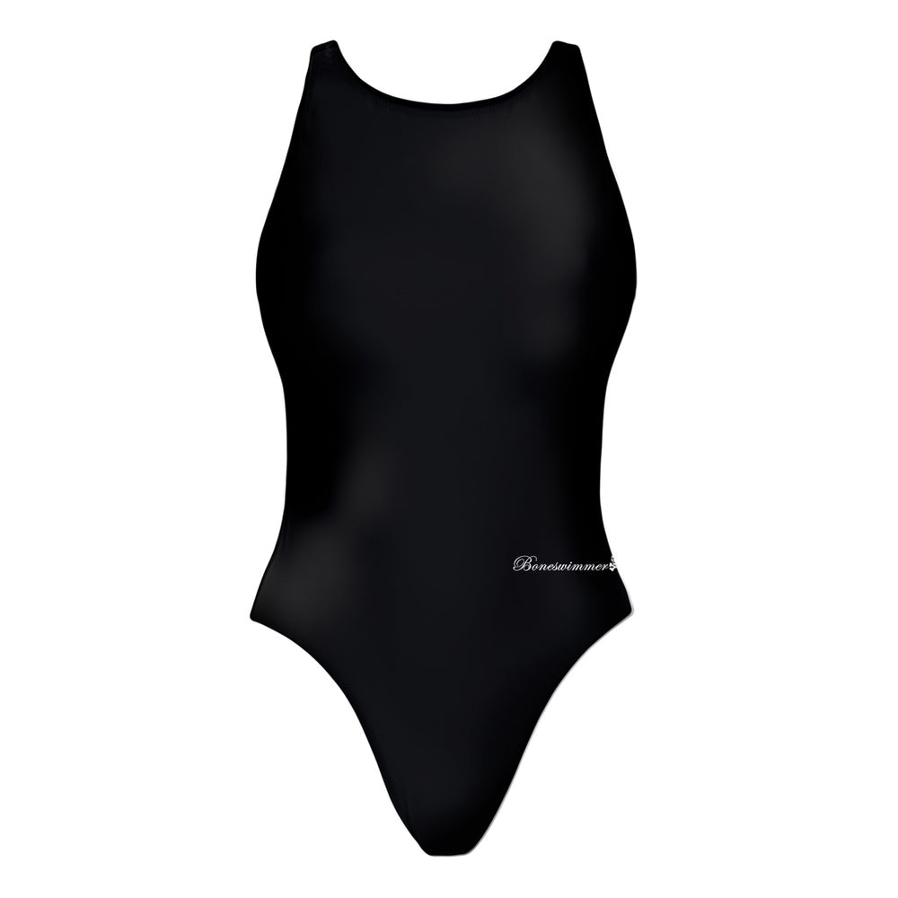 Costume da allenamento nuoto Boneswimmer per bambina, modello intero PINUP 237p completamente nero con un piccolo logo discreto sul lato, fronte