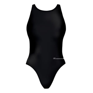 Costume da allenamento nuoto Boneswimmer per bambina, modello intero PINUP 237p completamente nero con un piccolo logo discreto sul lato, fronte