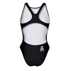 Costume da allenamento nuoto Boneswimmer per bambina, modello intero PINUP 237p completamente nero con un piccolo logo discreto sul lato, retro