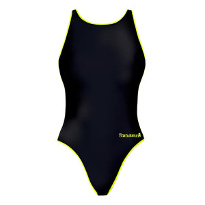 Costume da allenamento nuoto Boneswimmer per bambina, modello intero PINUP 406p con stampa Total Black con profili giallo fluo stampati, fronte