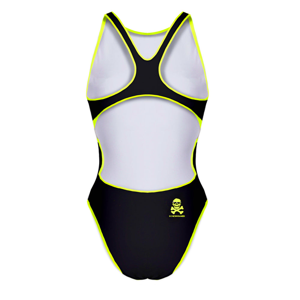 Costume da allenamento nuoto Boneswimmer per bambina, modello intero PINUP 406p con stampa Total Black con profili giallo fluo stampati, retro