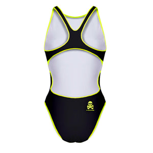 Costume da allenamento nuoto Boneswimmer per bambina, modello intero PINUP 406p con stampa Total Black con profili giallo fluo stampati, retro