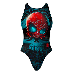 Costume da allenamento nuoto Boneswimmer per bambina, modello intero PINUP 406p con stampa di un teschio con maschera da ragno rosso, circondato da ragnatele, fronte
