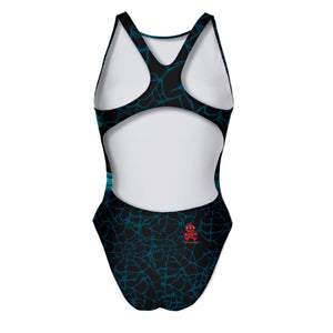 Costume da allenamento nuoto Boneswimmer per bambina, modello intero PINUP 406p con stampa di un teschio con maschera da ragno rosso, circondato da ragnatele, retro