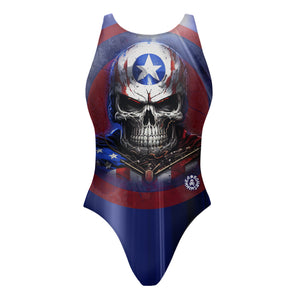 Costume da allenamento nuoto Boneswimmer per bambina, modello intero PINUP 331p con stampa di un teschio con l'elmo ispirato alla bandiera americana, fronte