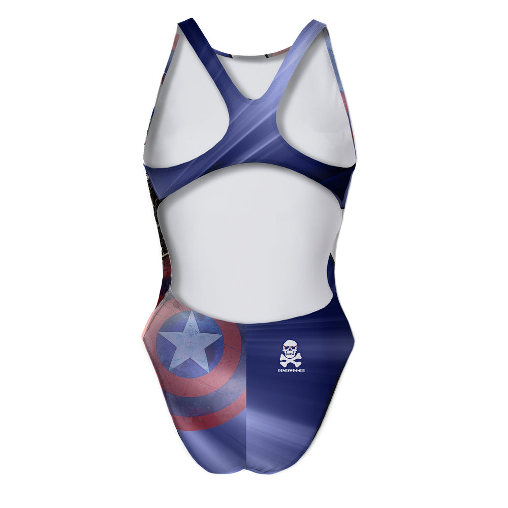 Costume da allenamento nuoto Boneswimmer per bambina, modello intero PINUP 331p con stampa di un teschio con l'elmo ispirato alla bandiera americana, retro