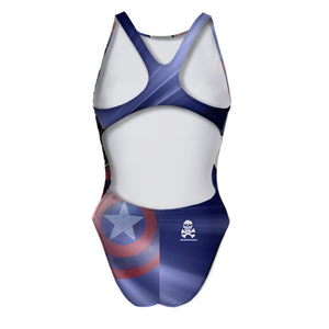 Costume da allenamento nuoto Boneswimmer per bambina, modello intero PINUP 331p con stampa di un teschio con l'elmo ispirato alla bandiera americana, retro