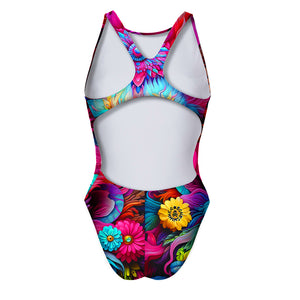 Costume da allenamento nuoto Boneswimmer per bambina, modello intero PINUP 368p con stampa di un leone stile esotico dai colori accesi e vibranti contornato di fiori, retro