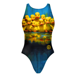 Costume da allenamento nuoto Boneswimmer per bambina, modello intero PINUP 406p con stampa di papere di gomma imbruttite, fronte