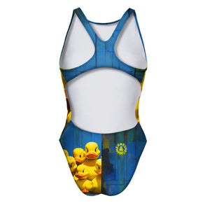 Costume da allenamento nuoto Boneswimmer per bambina, modello intero PINUP 406p con stampa di papere di gomma imbruttite, retro