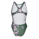 Costume da allenamento nuoto Boneswimmer per bambina, modello intero PINUP 388p con stampa logo Boneswimmer® rosa chiaro su sfondo verde militare, retro