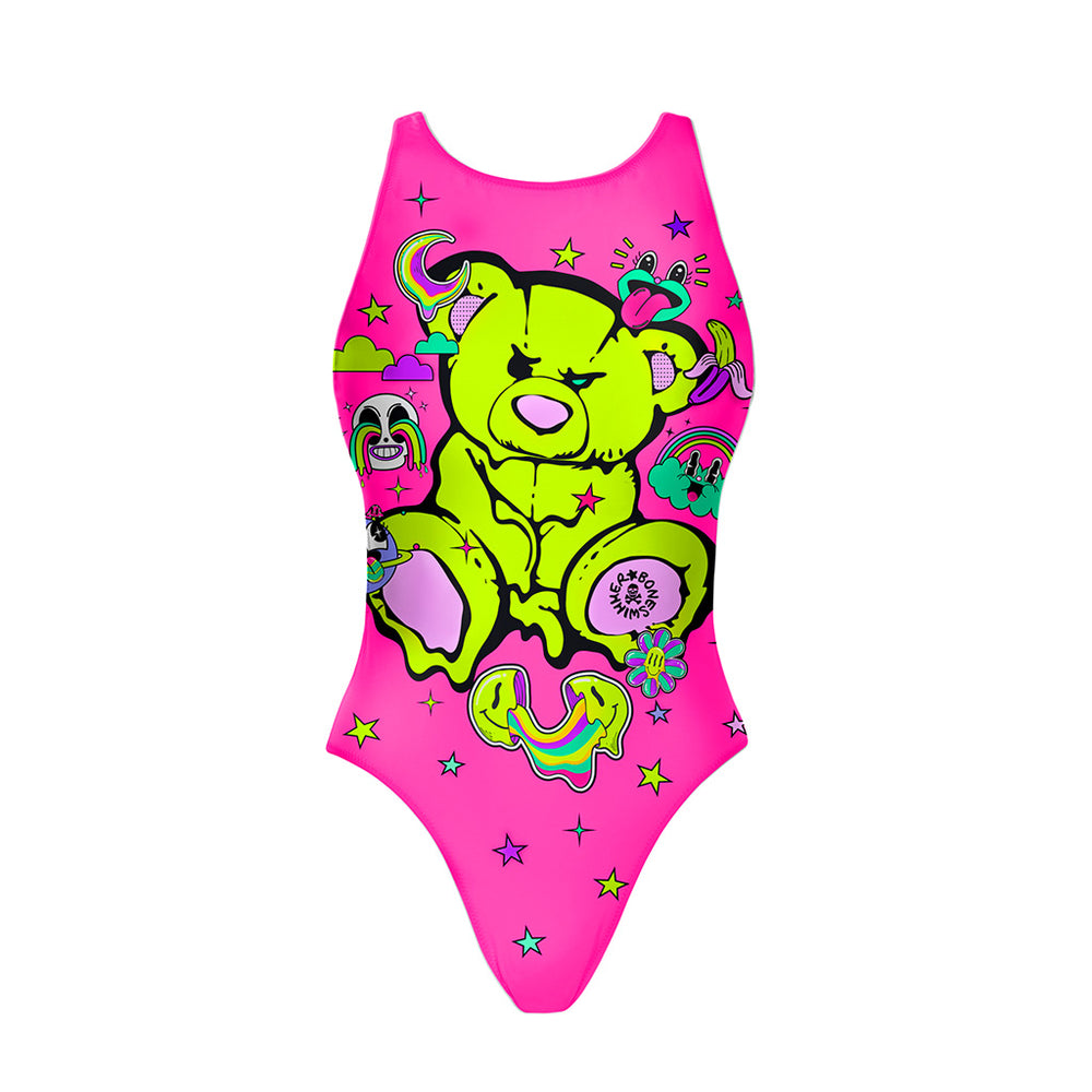 Costume da allenamento nuoto Boneswimmer per bambina, modello intero PINUP 406p con stampa 
di un orsacchiotto accigliato circondato dal suo mondo acido di colori fluo, fronte