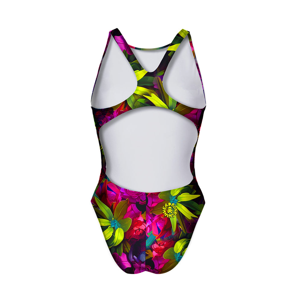 Costume da allenamento nuoto Boneswimmer per bambina, modello intero PINUP 399p con stampa di un koala che si rinfresca tra viole e foglie di eucalipto, retro