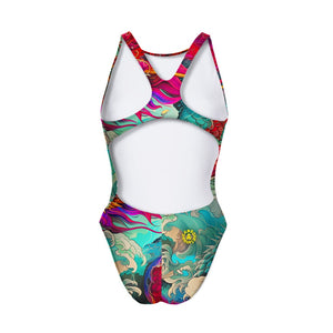 Costume da allenamento nuoto Boneswimmer per bambina, modello intero PINUP 402p con stampa di un leggendario drago cinese nella sua maestosità, eleganza e forza, retro