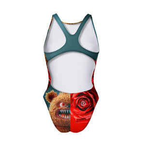 Costume da allenamento nuoto Boneswimmer per bambina, modello intero PINUP 409p con grafica orsetto Bruto e rose, retro