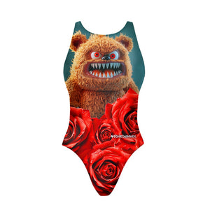 Costume da allenamento nuoto Boneswimmer per bambina, modello intero PINUP 409p con grafica orsetto Bruto e rose, fronte