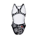 Costume da allenamento nuoto Boneswimmer per bambina, modello intero PINUP 412p con stampa di un teschio e scheletro bianchi su fondo nero in stile messicano e tribale, retro