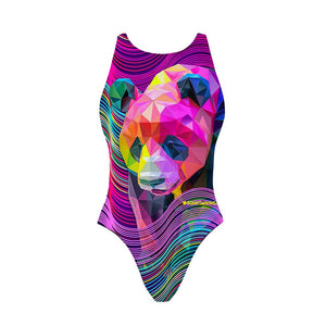 Costume da allenamento nuoto Boneswimmer per bambina, modello intero PINUP 419pf con stampa maxi ritratto geometrico di un panda sfaccettato tra onde fluo, fronte
