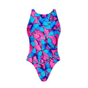 Costume da allenamento nuoto Boneswimmer per bambina, modello intero PINUP 420pf con stampa di farfalle rosa fluo e azzurro, fronte