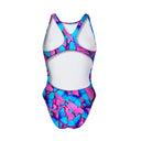 Costume da allenamento nuoto Boneswimmer per bambina, modello intero PINUP 420pf con stampa di farfalle rosa fluo e azzurro, retro