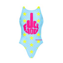 Costume da allenamento nuoto Boneswimmer per bambina, modello intero PINUP 422pf con messaggio FUCK YOU in un lettering che riproduce la sagoma di una mano con il dito medio alzato, sullo sfondo azzurro con stelle giallo neon, fronte