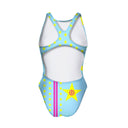 Costume da allenamento nuoto Boneswimmer per bambina, modello intero PINUP 422pf con sfondo azzurro con stelle giallo neon, retro