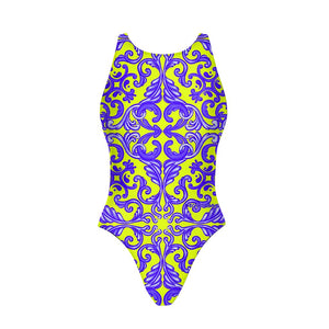 Costume da allenamento nuoto Boneswimmer per bambina, modello intero PINUP 427pf con stampa in stile maioliche siciliane su sfondo giallo fluo, fronte