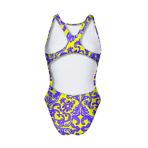 Costume da allenamento nuoto Boneswimmer per bambina, modello intero PINUP 427pf con stampa in stile maioliche siciliane su sfondo giallo fluo, retro