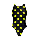 Costume da allenamento nuoto Boneswimmer per bambina, modello intero PINUP 428pf con paperelle giallo fluo su sfondo nero, fronte