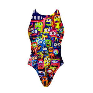 Costume da allenamento Boneswimmer per bambina, modello PINUP 434pf con grafica con mostrini, fronte